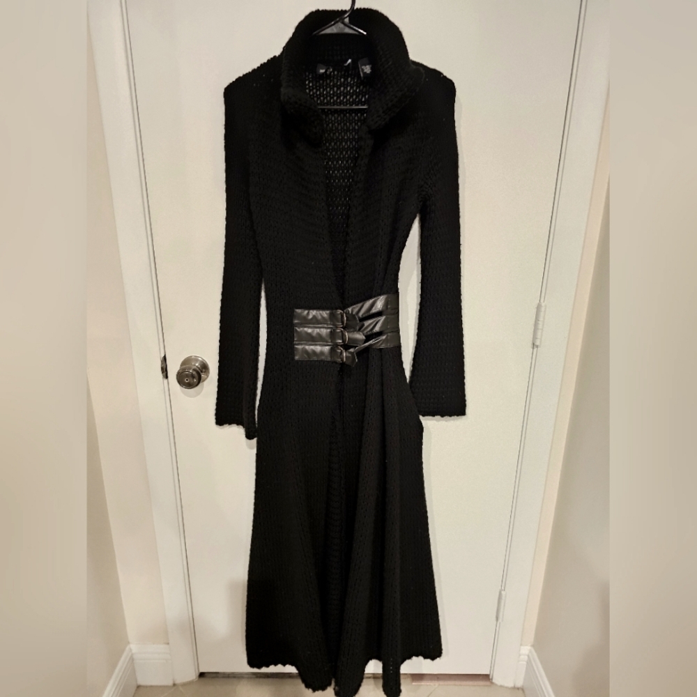 MODA INTERNATIONAL FLOOR LENGTH SWEATER COAT DUSTER WITH LEATHER BELT SZ XS